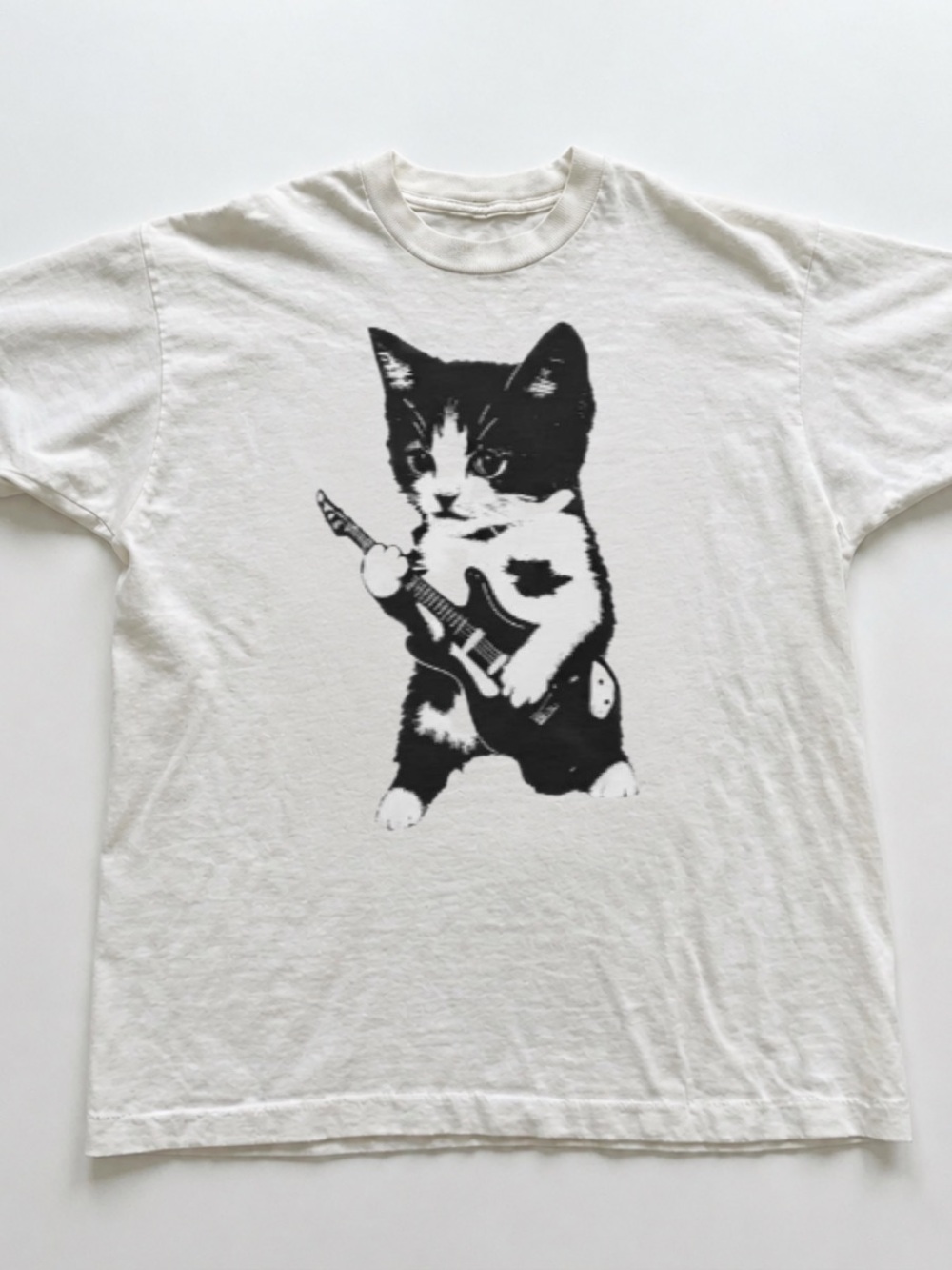 White Tee with Black Kitten Guitar Graphic